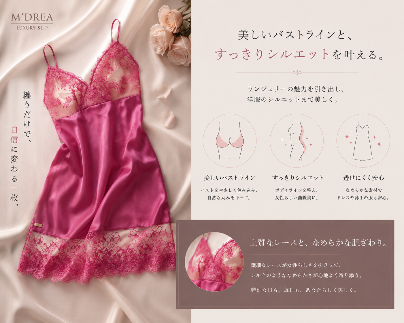 M'DREA Sakura Pink Slip|日本製レーススリップ・グラマーバスト対応設計