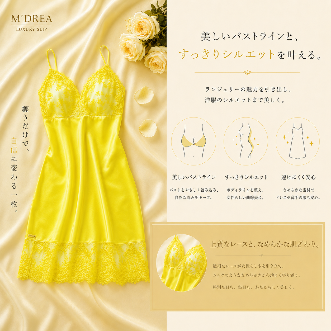 M'DREA Luxe Yellow Slip|日本製レーススリップ・グラマーバスト対応設計