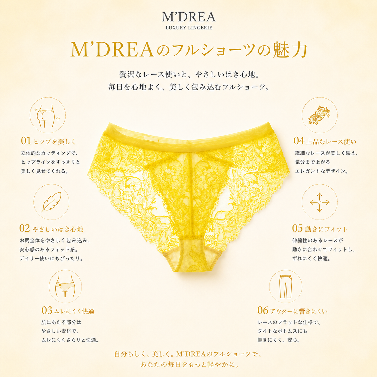 M'DREA Luxe Yellow Shorts|日本製レースショーツ・総レース・ゴム不使用