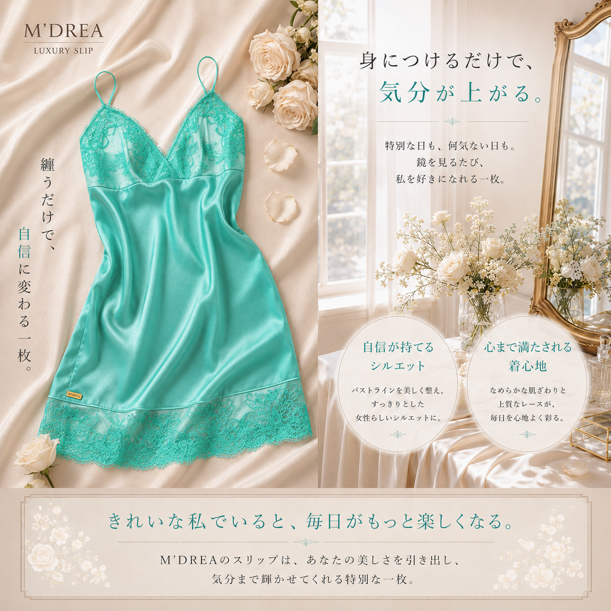 M'DREA MINT Slip|日本製レーススリップ・グラマーバスト対応設計