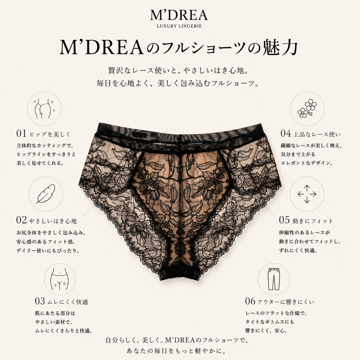 M'DREA 日本製ゴム不使用レースショーツ Kelly Black|ラインレス・S〜LL
