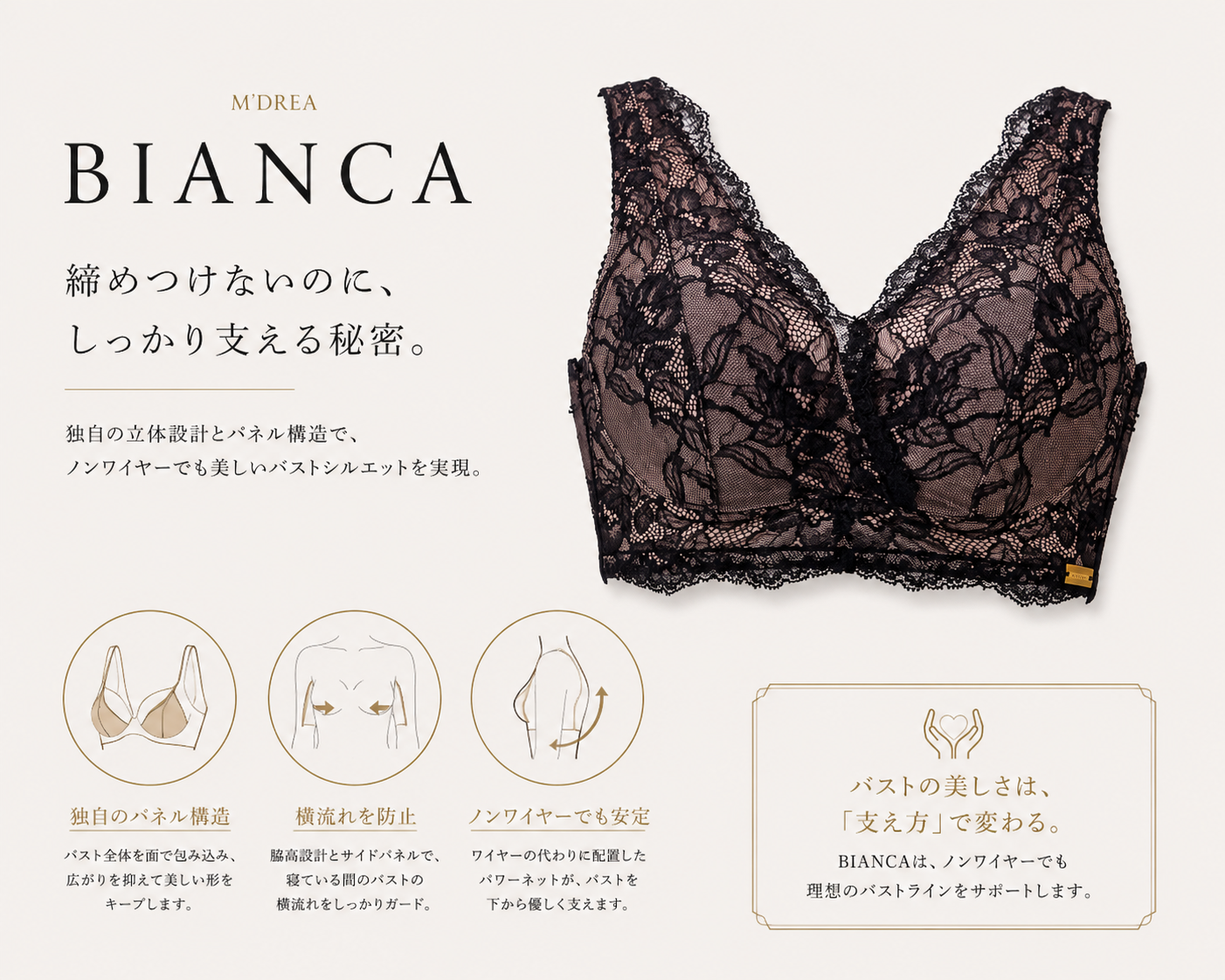M'DREA 日本製ノンワイヤーレースブラ BIANCA Black｜B〜Nカップ・24サイズ展開