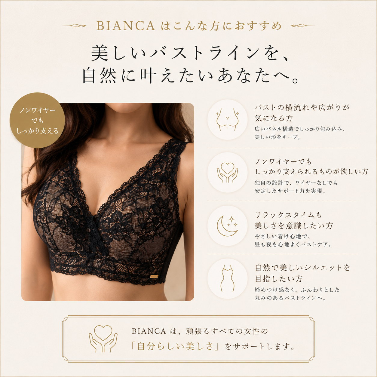 M'DREA 日本製ノンワイヤーレースブラ BIANCA Black｜B〜Nカップ・24サイズ展開