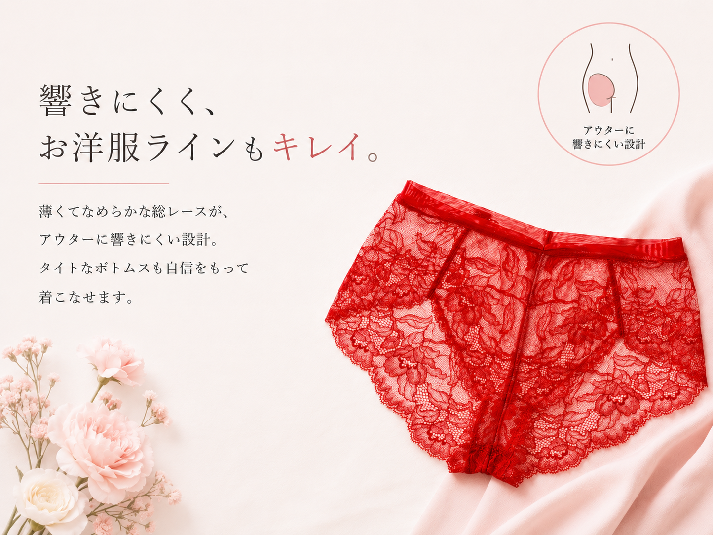 M'DREA 日本製ゴム不使用レースショーツ BIANCA Red｜ラインレス・S〜LL