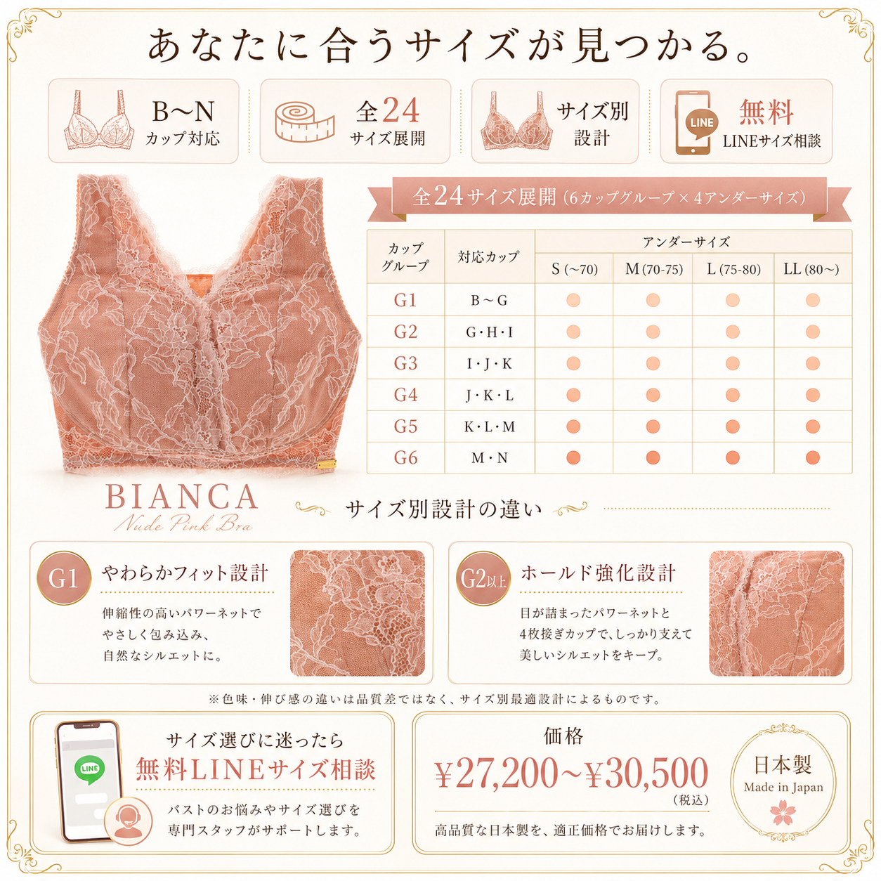 M'DREA 日本製ノンワイヤーレースブラ BIANCA Powder Pink｜B〜Nカップ・24サイズ展開