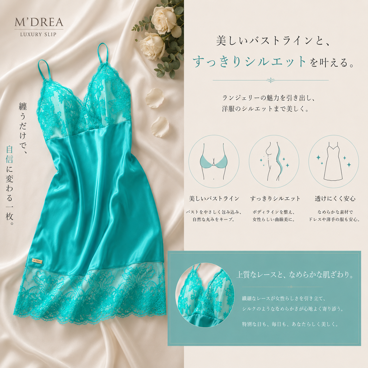 M'DREA MINT Slip｜日本製レーススリップ・グラマーバスト対応設計