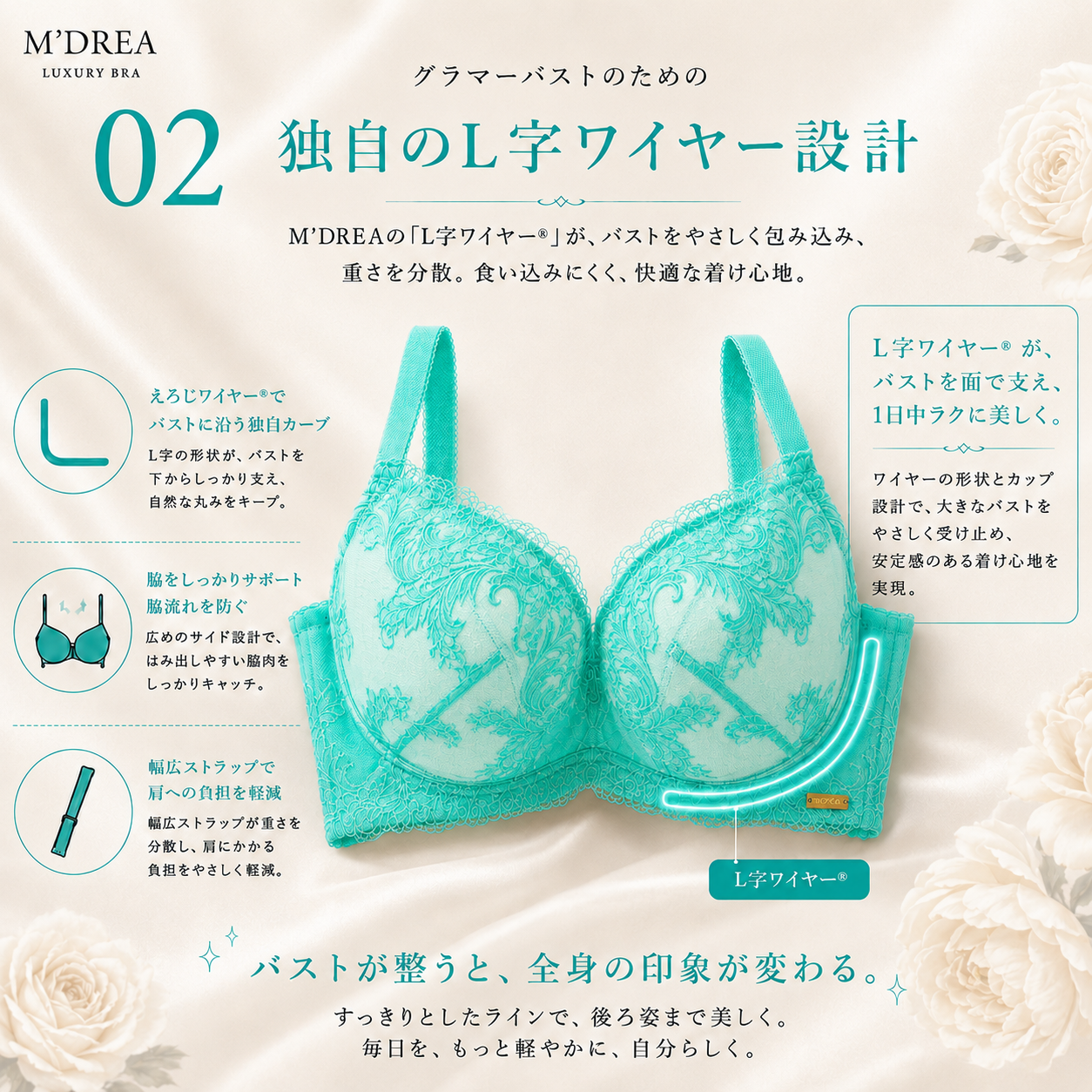 M'DREA 日本製グラマーサイズ対応L字ワイヤーブラ Mint｜B〜Nカップまで対応