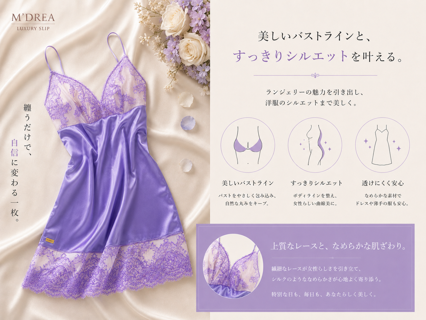 M'DREA Amethyst Veil Slip｜日本製レーススリップ・グラマーバスト対応設計