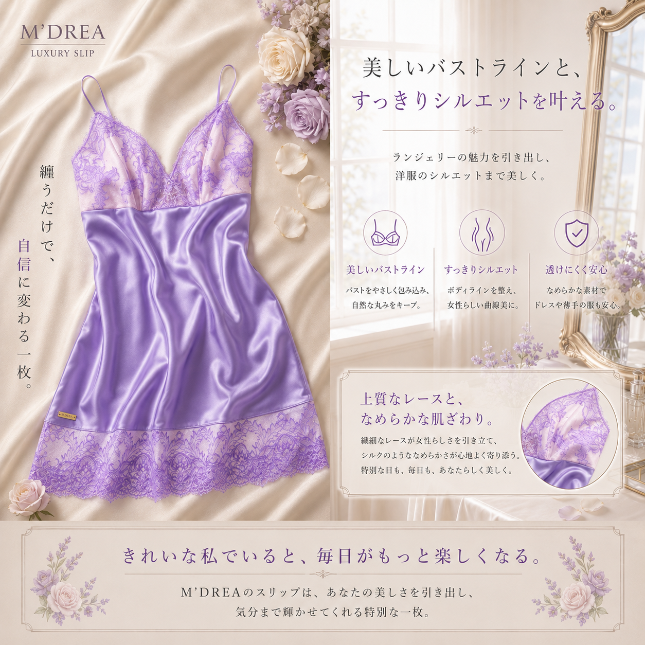 M'DREA Amethyst Veil Slip｜日本製レーススリップ・グラマーバスト対応設計