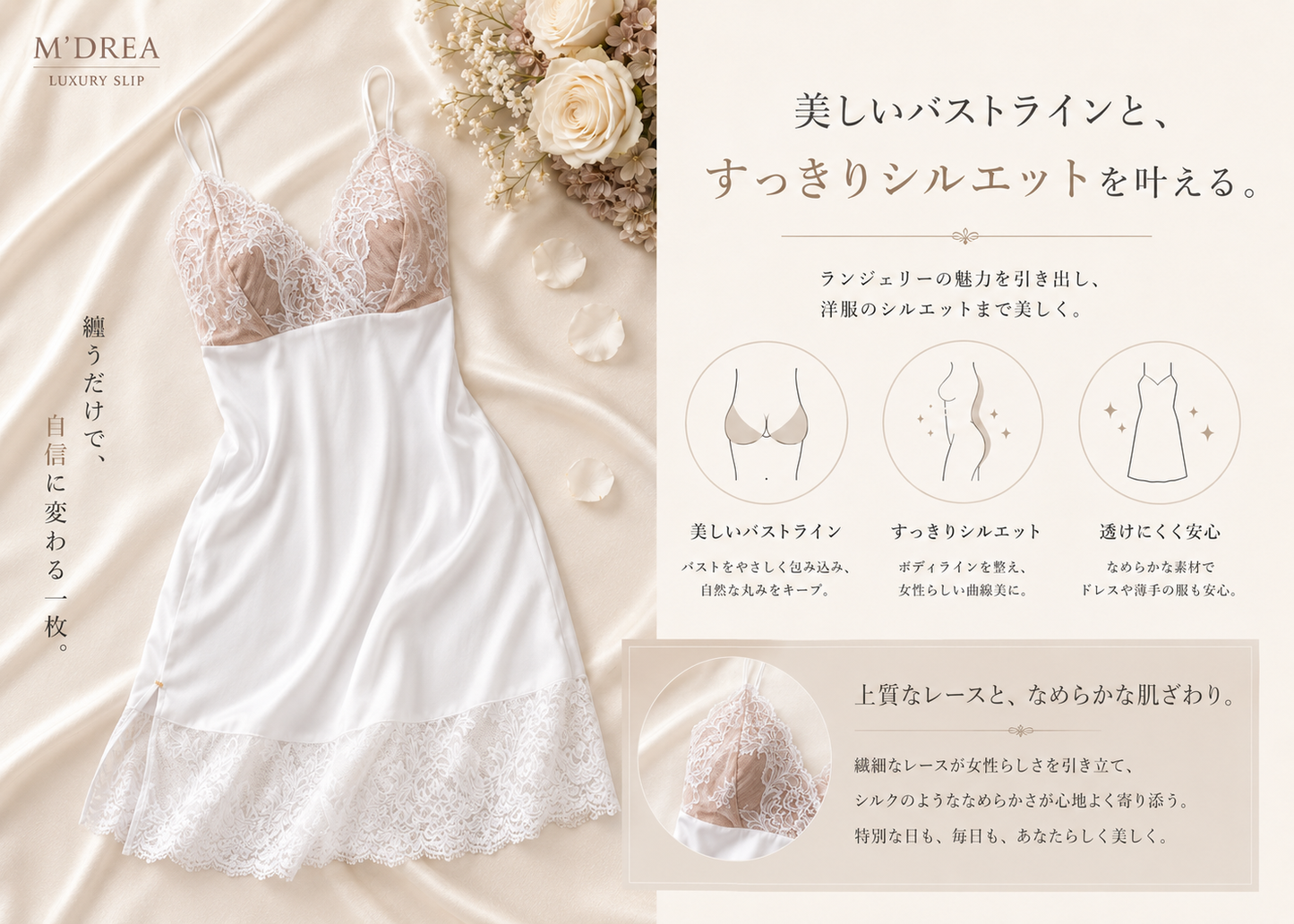 M'DREA Elegance White Slip｜日本製レーススリップ・グラマーバスト対応設計