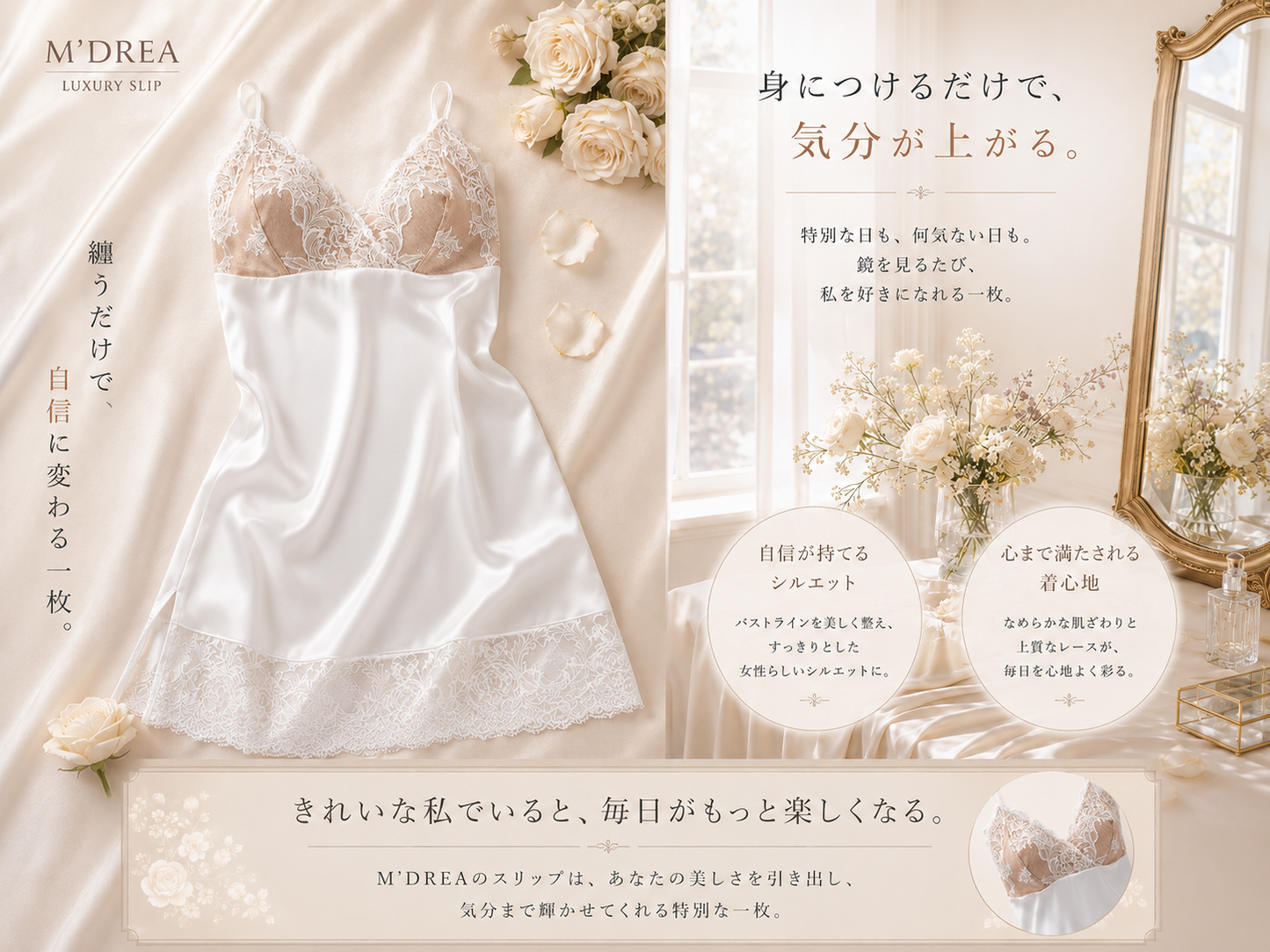 M'DREA Elegance White Slip｜日本製レーススリップ・グラマーバスト対応設計