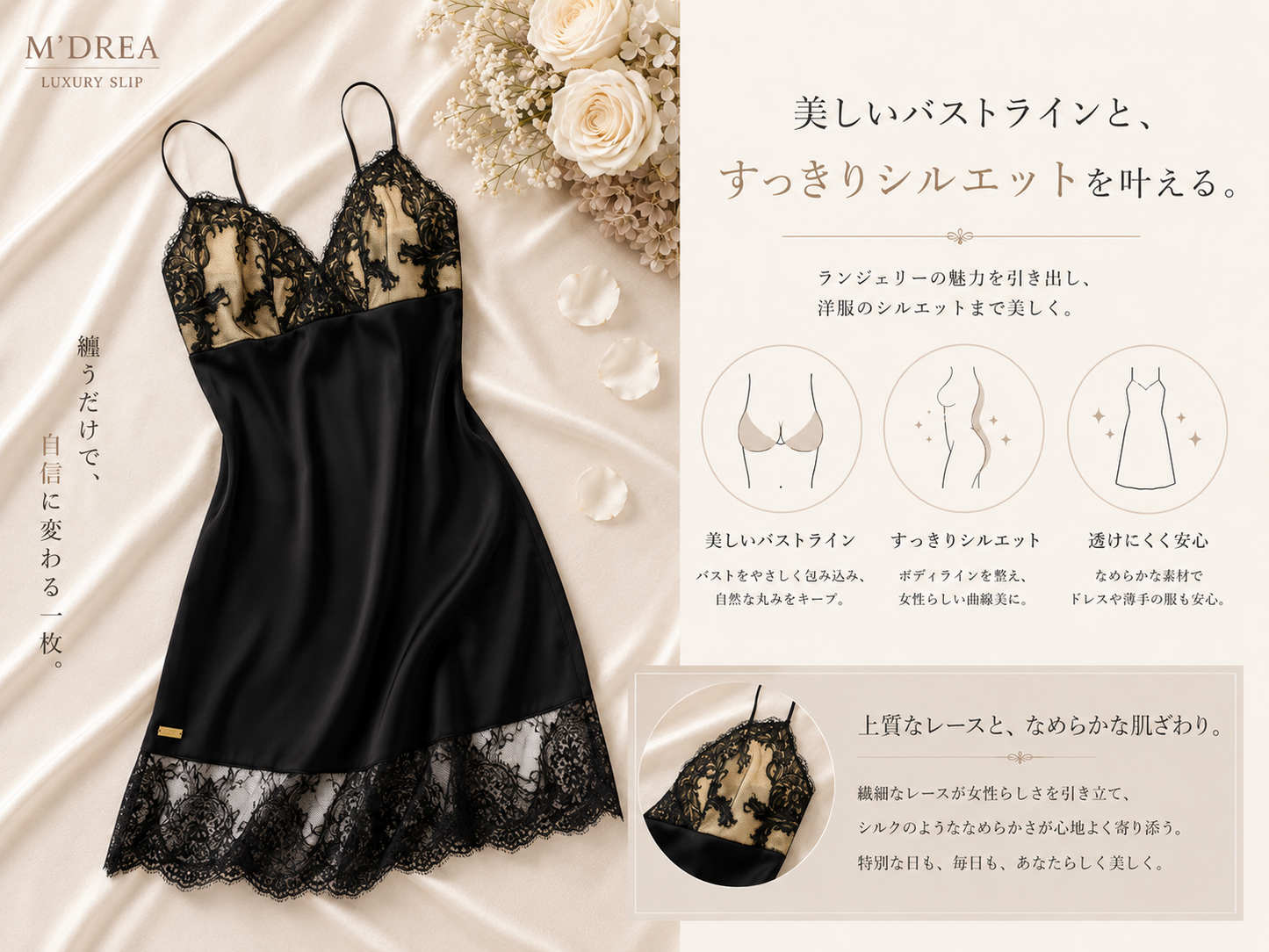 M'DREA 日本製グラマーバスト対応スリップ Kelly Black｜ナイトウェア兼用・F〜N対応