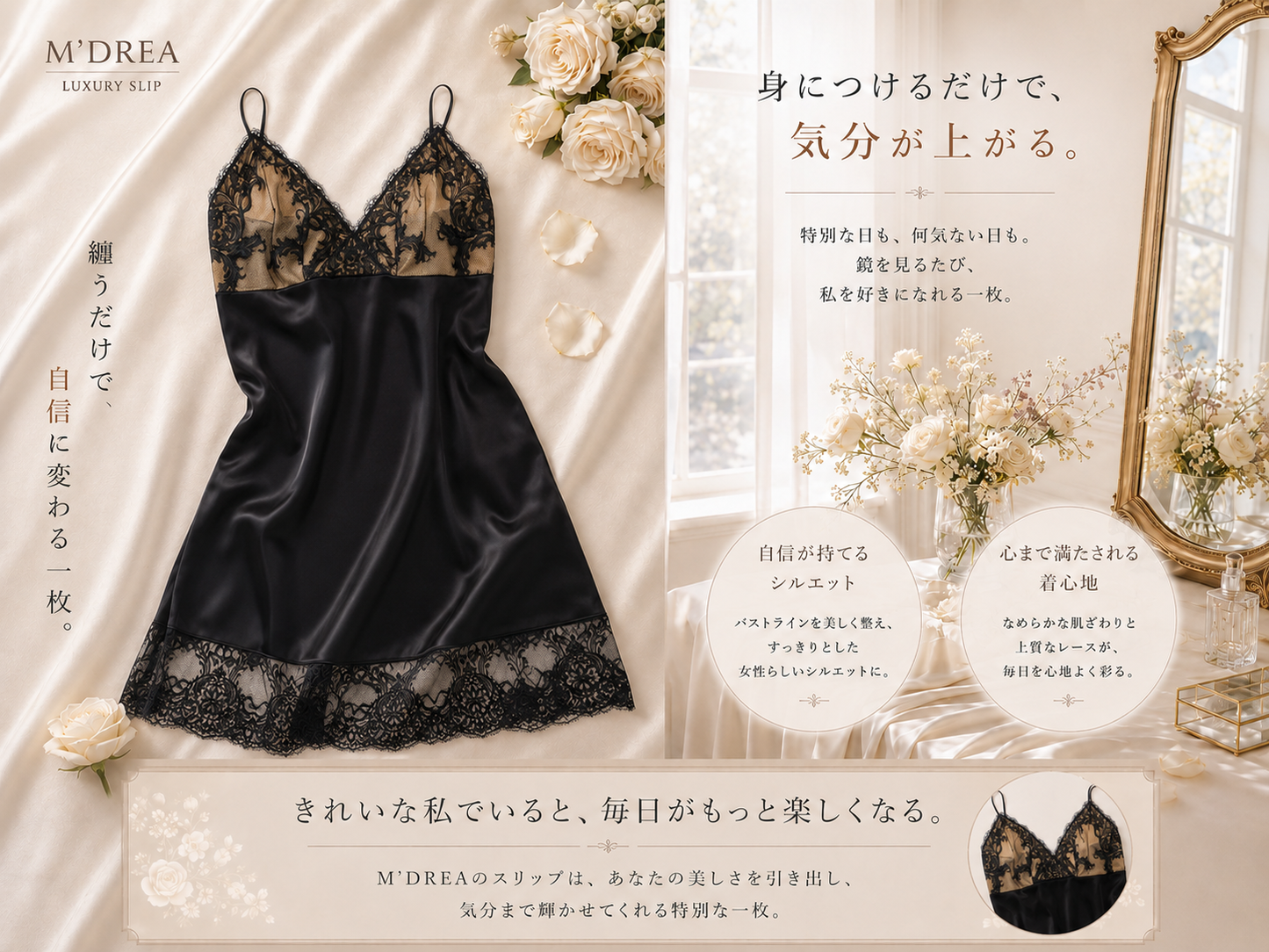M'DREA 日本製グラマーバスト対応スリップ Kelly Black｜ナイトウェア兼用・F〜N対応