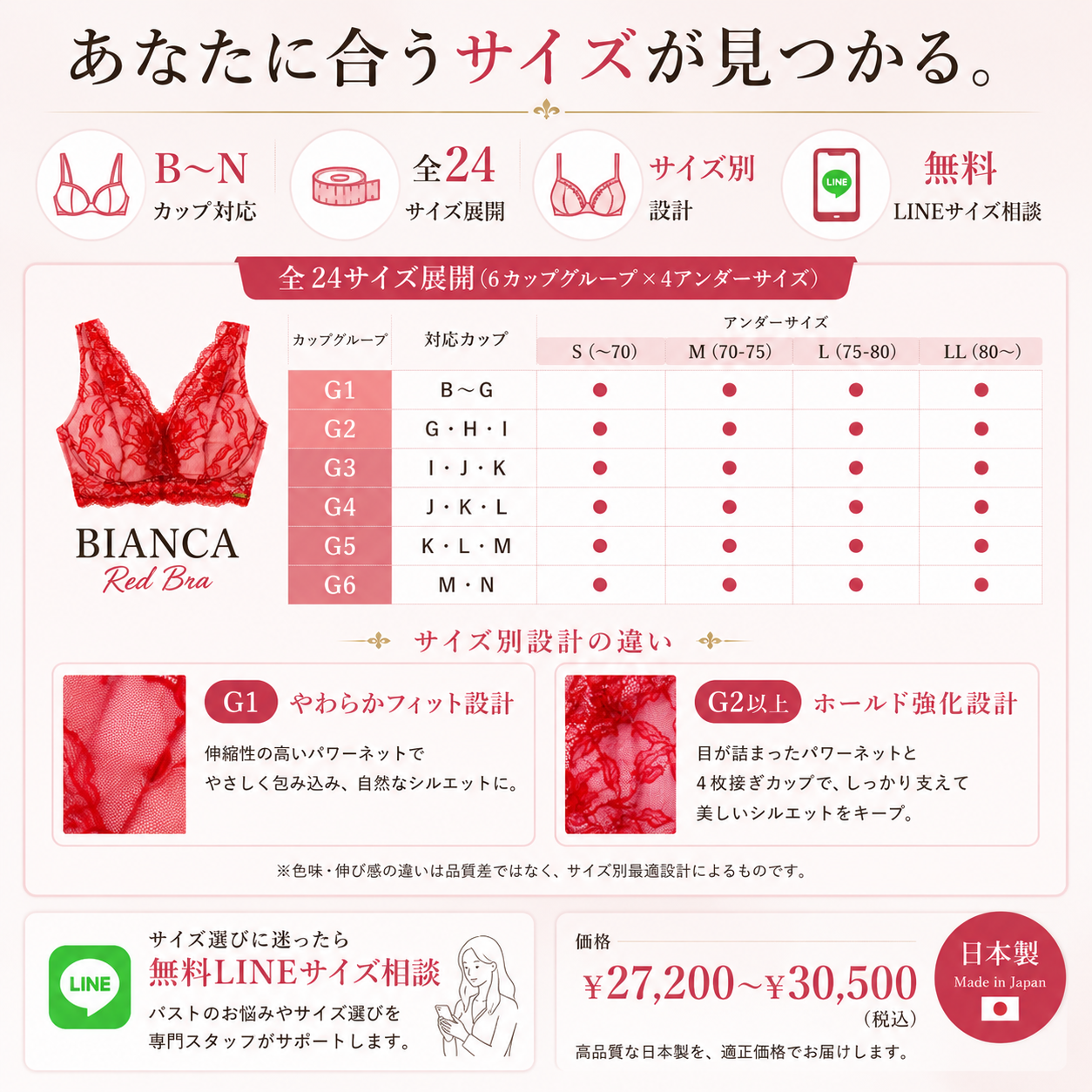 M'DREA 日本製ノンワイヤーレースブラ BIANCA Red｜B〜Nカップ・24サイズ展開