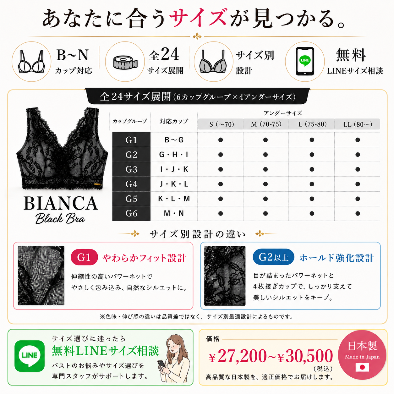 M'DREA 日本製ノンワイヤーレースブラ BIANCA Black｜B〜Nカップ・24サイズ展開