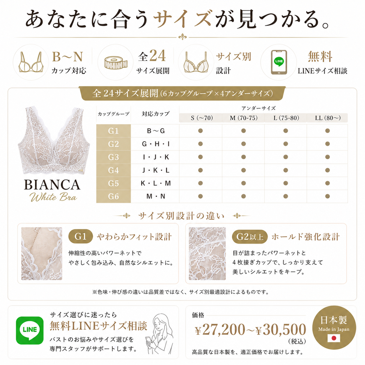 M'DREA 日本製ノンワイヤーレースブラ BIANCA White｜B〜Nカップ・24サイズ展開