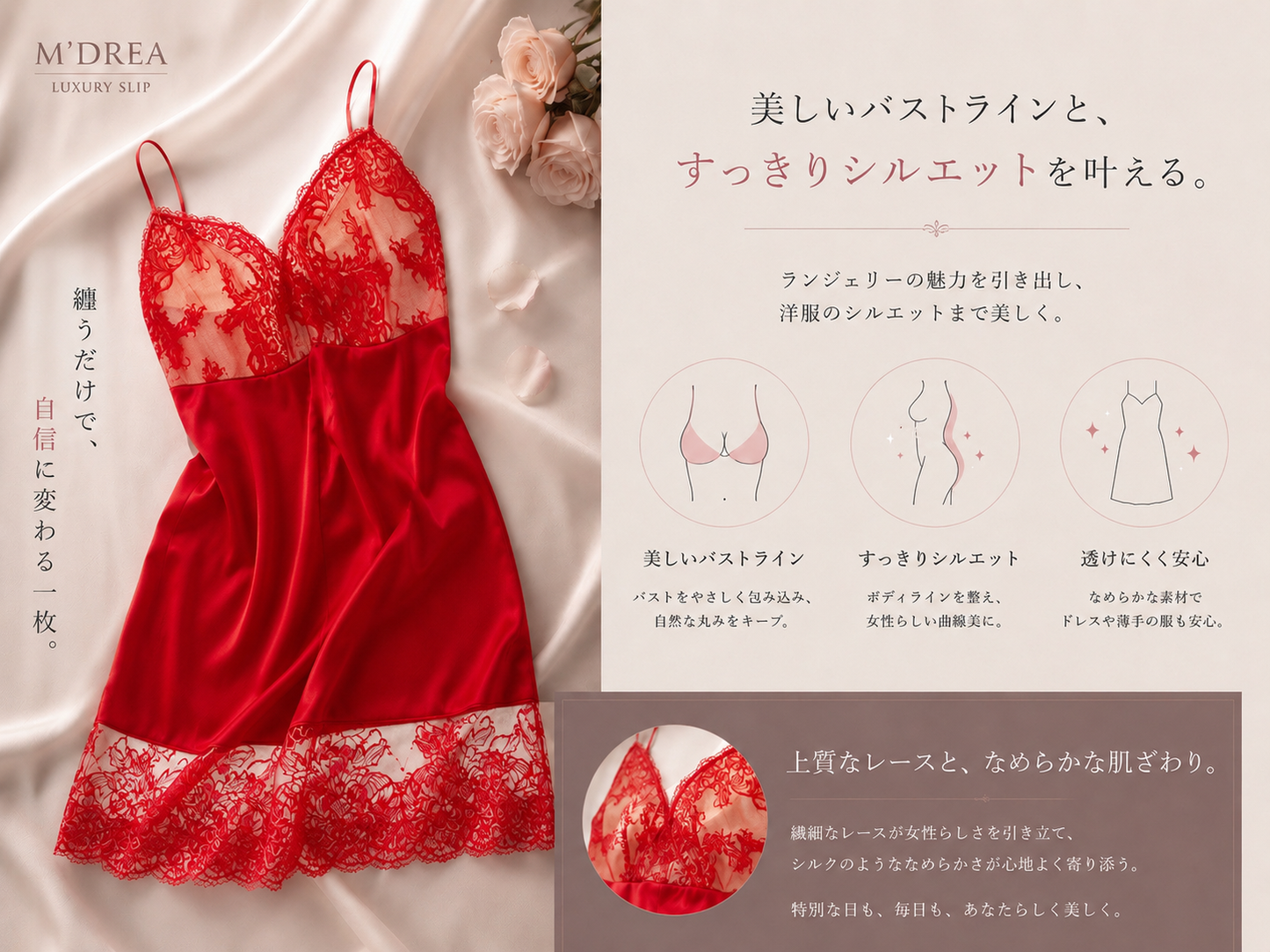 M'DREA LUISA Rouge Red Slip｜グラマーバスト対応スリップ